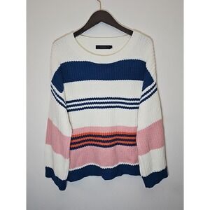 ZESICA Women's Large Striped Knit Sweater White Blue Pink Pullover Cozy